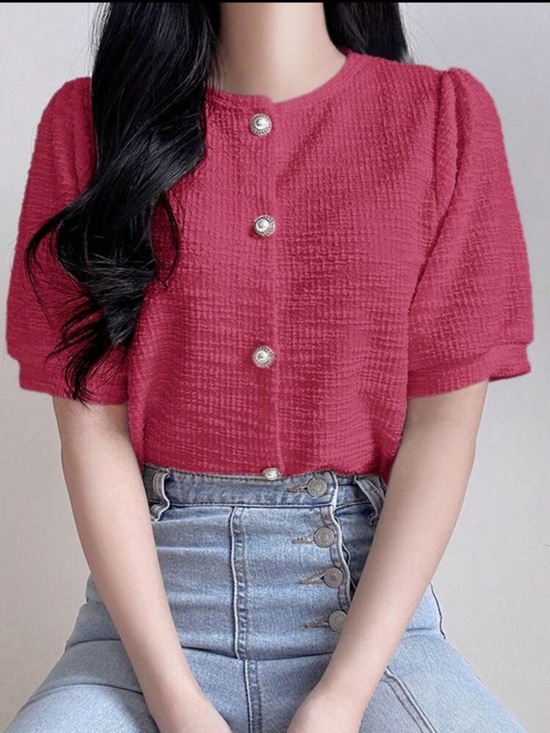Dazy Tops - Pearl-Button Textured Puff Short Sleeve Blouse in Rose Pink